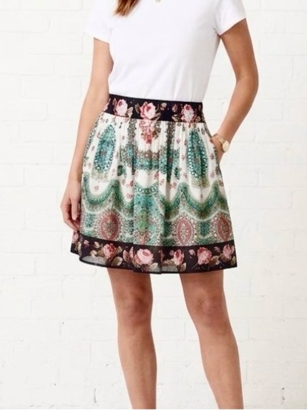 Anthropologie Eci Boho Paisley Floral Colorful Mini Skirt Cotton Silk Lined 6